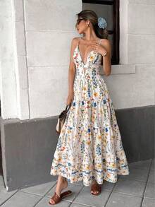 Pariaura Spaghetti Strap Patchwork Loose Hem Dress, Casual Vacation Style For Women - Multicolor - View 5