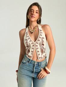 Firerie Chaleco con cuello de halter de patrón floral versátil para outfits de verano bohemios, ropa de estilo bohemio para mujeres - Beis - Ver 6