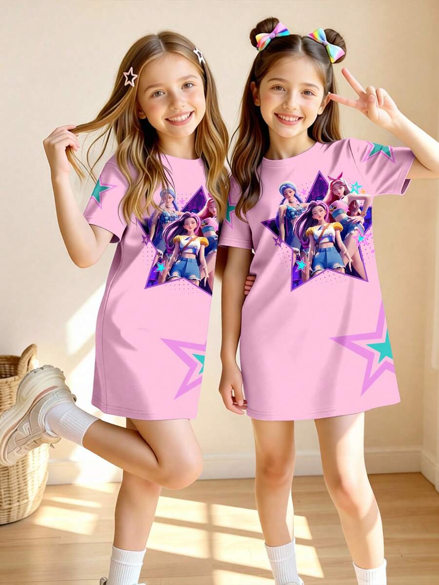 Idol Girl Group Digital Print Pink Dress, Girls Short Sleeve T-Shirt Dress, Fashionable Casual, Suitable For Spring/Summer - Hot Pink - View 1