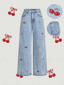 Sweetra Cherry Embroidery Loose Fit Women's Jeans - Blue - View 1