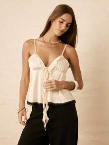Aralina Women Ruffle Cami Top Spaghetti Strap V Neck Tie Front Contrast Lace Patchwork Hem Backless Sexy Elegant Casual Beach Party Club Vacation Going Out - White - View 6
