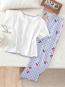 Tween Girls 2 Pieces Pajama Set, Cherry Print White Ruffle Crew Neck Top And Plaid Pants, All Season - Blue - View 2