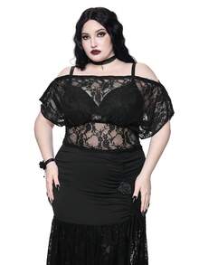 ROMWE Goth 哥特式蕾丝面料肩部纽扣装饰大码女式上衣，不含胸罩。 - 黑色 - 查看 4