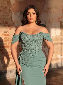 Aureia Plus Size Elegant Sage Green Summer Evening Formal Dress,Luxury Crystal & Pearl Decor U-Neck Hanging Sleeve High Slit Mermaid Hem Wedding Party Gala - Green - View 6