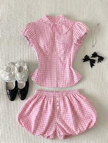 Comfortcana Women's Cute Plaid Button Tie Blouse, Ladylike Style For Date, Birthday - Pink - View 7