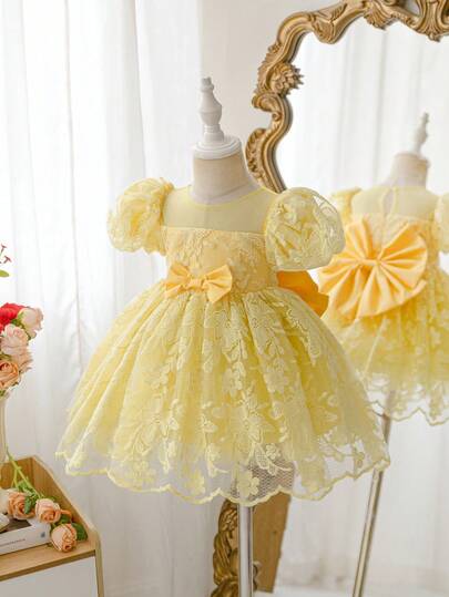 SHEIN Glamorique Kids Baby Girl Sweet Lace Embroidered Bow Decor Elegant Dress, Suitable For Flower Girl, Birthday Party, Cute, Suitable For All Seasons, Graceful And Dignified