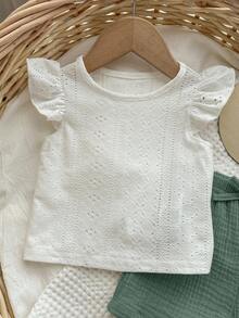 Conjunto de blusa blanca y shorts de cintura elástica para bebé niña en verano - Azul Cadete - Ver 4