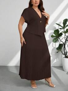 Firerie Plus Size Women's Solid Color Single-Button Short Sleeve Shirt And Pleated Mini Skirt Elegant 2-Piece Set - Brown - View 7