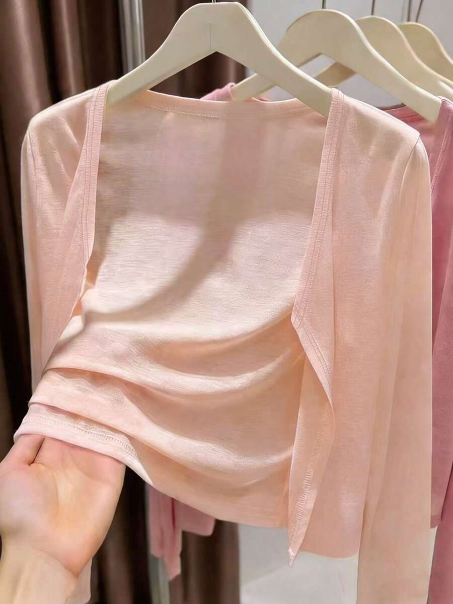 Resyla Women's Solid Color Casual Lightweight Cardigan, Spring/Summer - Baby Pink - View 1