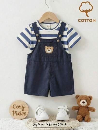 Cozy Pixies 2pcs Baby Boy Striped Crew Neck Short Sleeve Top And Bib Shorts Set