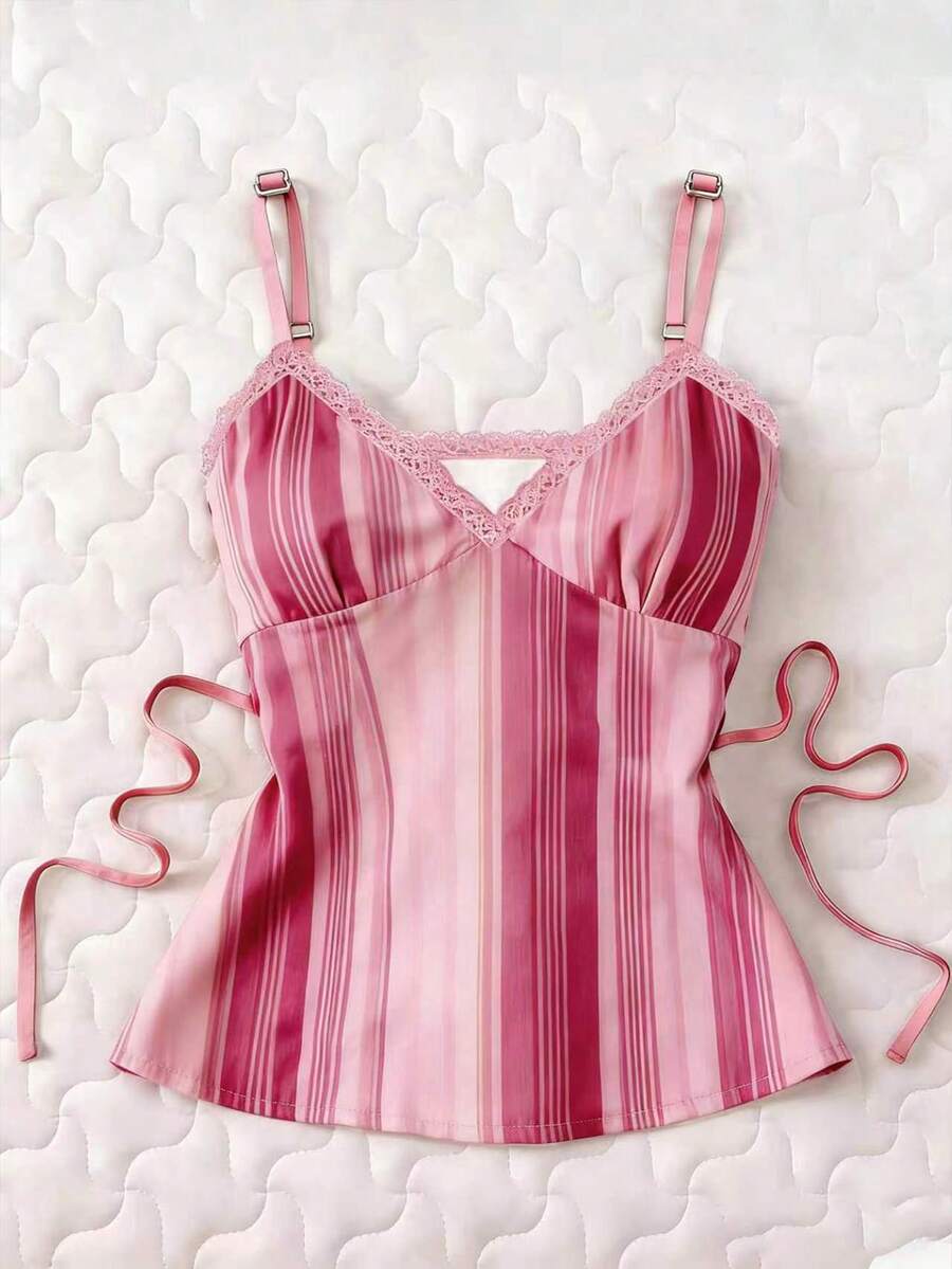 Glimmora Women's Striped Contrast Lace Camisole Top - Multicolor - View 1