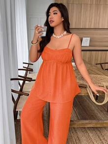 Weeklong Plus Size Women's Casual Camisole & Wide Leg Pants 2 Pieces Set, Spring/Summer - Orange - View 7
