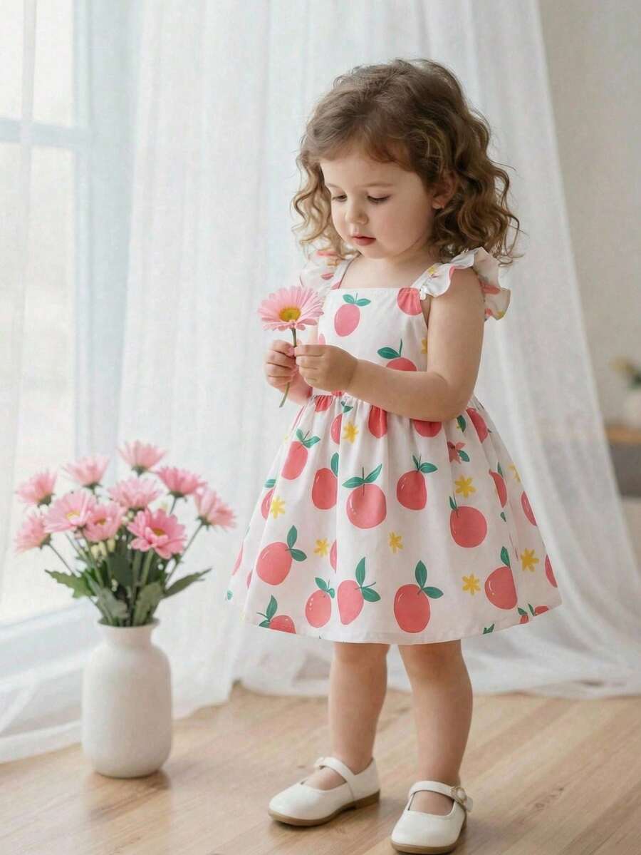 SHEIN Playful Pals 1件女婴舒适休闲常规厚度可爱水果印花方领荷叶袖基本款撞色可爱3D蝴蝶百搭简约优雅连衣裙,适合夏季郊游、上学、旅行、度假和日常穿着 - 彩色 - 查看 1