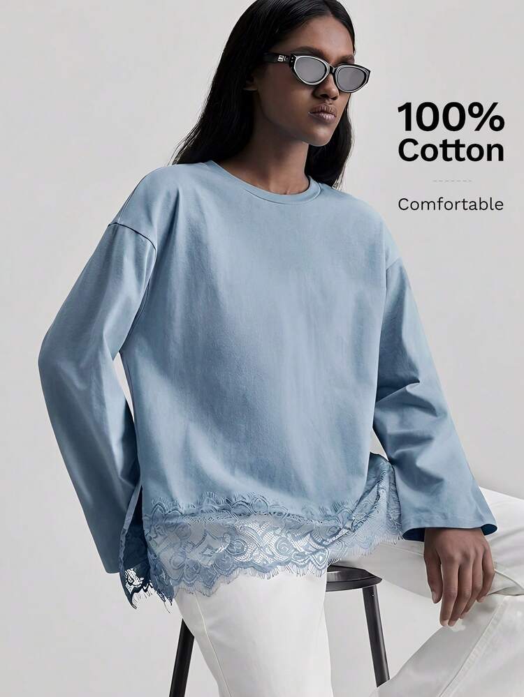 2026SS New Lace Patchwork Round Neck T-Shirt For Women, Blue, Elegant & Minimalist, Suitable For Summer, Vacation, Party, Office, Casual, Versatile
