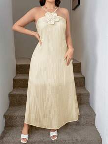 SHEIN LUNE Đầm cổ yếm họa tiết hoa 3D cỡ lớn dành cho kỳ nghỉ hè - Màu be - Xem 10