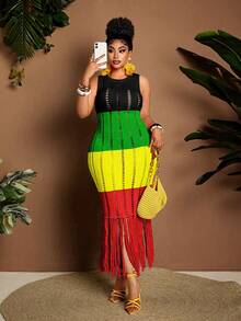 Maweii Plus Size Women Summer Sweater Dress,Boho Black Red Sommar Vacation,Sleeveless Round Neck Tassels Cutout Knitted Elegant Outwear Dress - Multicolor - View 6