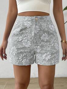 SHEIN Unity Women Floral Jacquard Pleated Random Cut Shorts - Grey - View 6