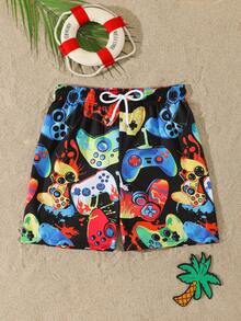 Tween Boys Swimwear Cool Game Print Beach Shorts With Adjustable Drawstring, Suitable For Vacation And Beach In Summer - Multicolor - View 2