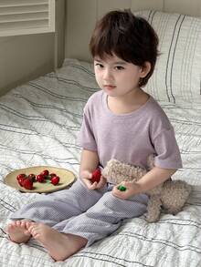 DAZY Bộ đồ ngủ kiểu Hàn Quốc cho bé trai, gồm áo thun cổ tròn và quần dài rộng rãi. - Màu tím - Xem 6