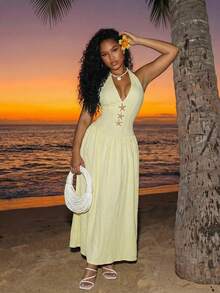 SHEIN BamGlam 新款性感沙滩装拼接系带束腰连体裤 - 淡黃色 - 查看 6