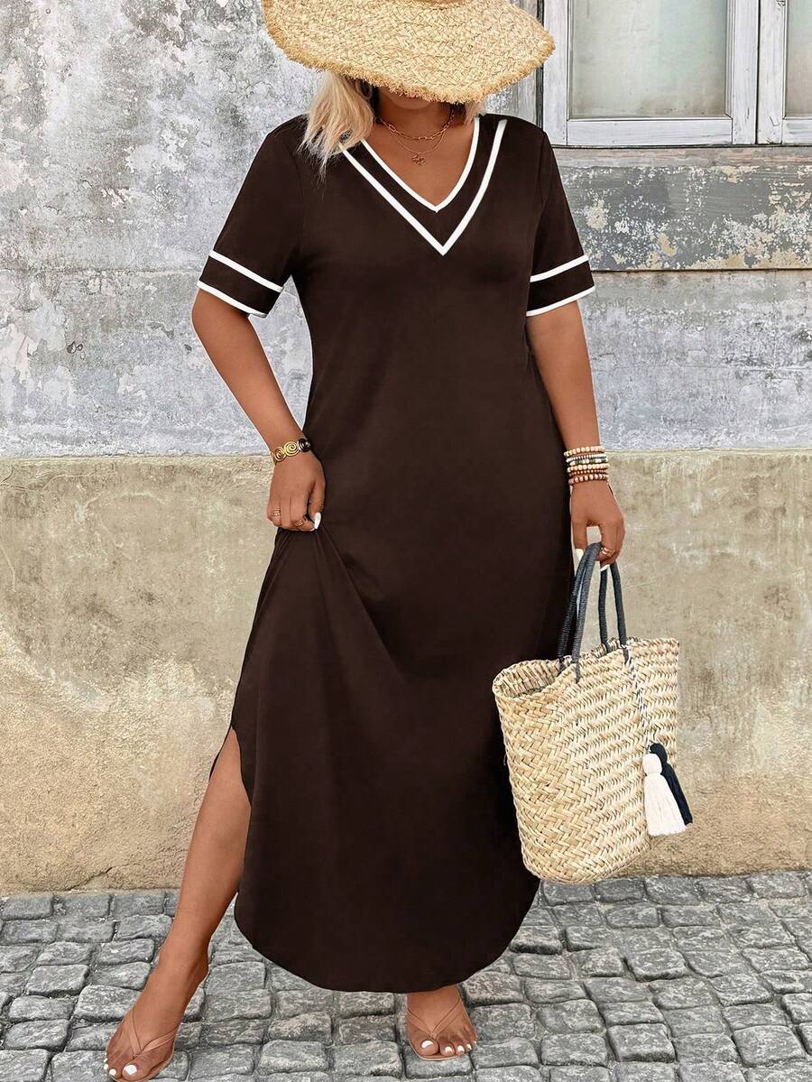 Breezaya Plus Size Casual Colorblock Striped Dress - Coffee Brown - View 1