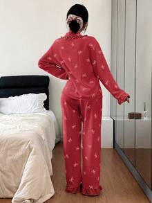 Dream Adore Blue Striped Bow Print Patchwork Contrast Color Lapel Long Sleeve Pajama Set For Women - Red - View 2