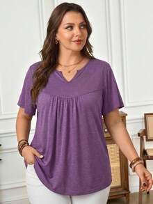 Rosumi Kaos Lengan Pendek Kerah Berlekuk Warna Polos Kasual Musim Panas Ukuran Besar - Purple - View 3