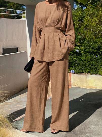 Livesso Loose Business Casual Fashion Street Style Ruffled Waist Design Office Wear Pullover Top And Straight Leg Casual Pants Two Pieces Suit, Elegant For Commuting, Autumn/Spring