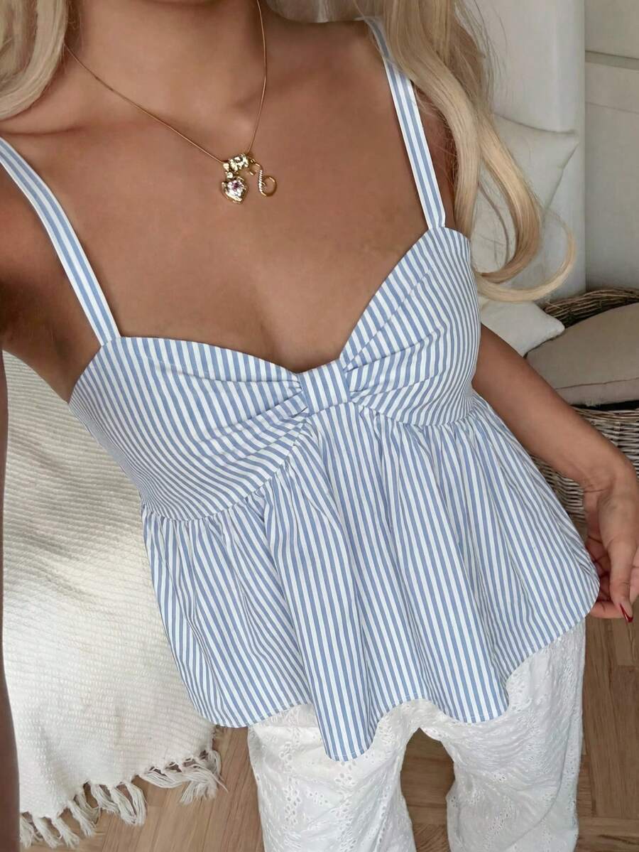 CovetEZ Striped Casual Women Ruffle Hem Camisole - Blue and White - View 1