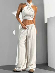 SHEIN EZwear Linen 2pcs/Set Women Solid Color Halter Backless Sleeveless Top And Drawstring Long Pants - Apricot - View 5