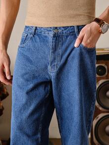 VeloEdit Jeans de mezclilla con bolsillo delantero y abotonado simple para hombre, uso casual de todos los días - Azul lavado medio - Ver 7