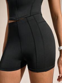 Exploreva Exploreva Women's Solid Color Zipper Collar Vest And Shorts Sports Suit - Black - View 6
