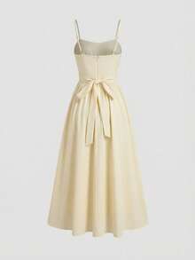 DAZY Women's Elegant Solid Color Spaghetti Strap Waist Tie Mid-Length Dress, Summer Sundress - Yellow - View 7