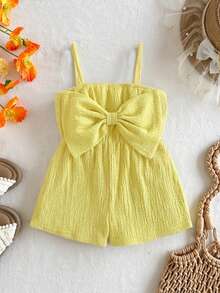 Bộ áo liền quần màu xanh lá cây có họa tiết, kiểu dáng thường ngày, có nơ, dành cho bé gái đi nghỉ mát. - Màu Mù tạt vàng - Xem 2