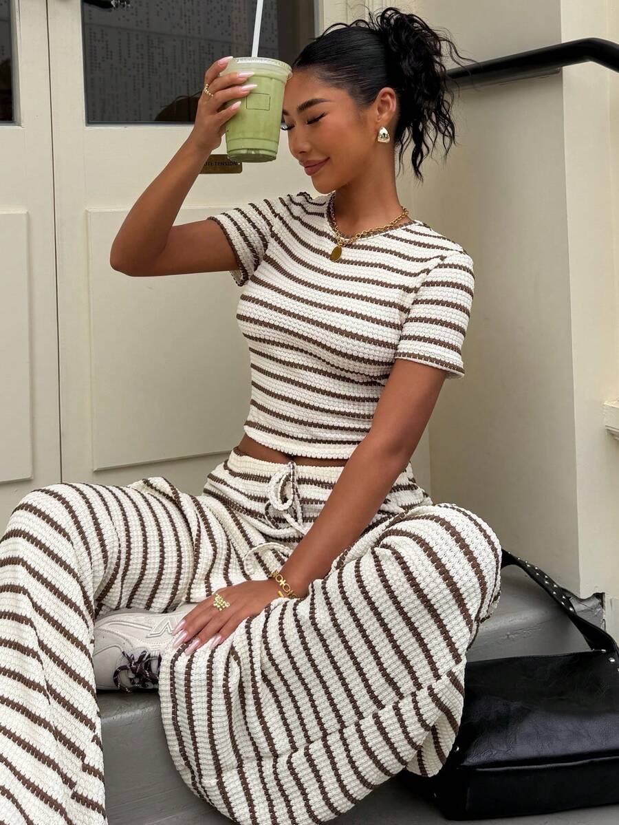 Muchica Women's Striped Textured Fitted Short Sleeve T-Shirt And Pants Set, Spring/Summer - Multicolor - View 1