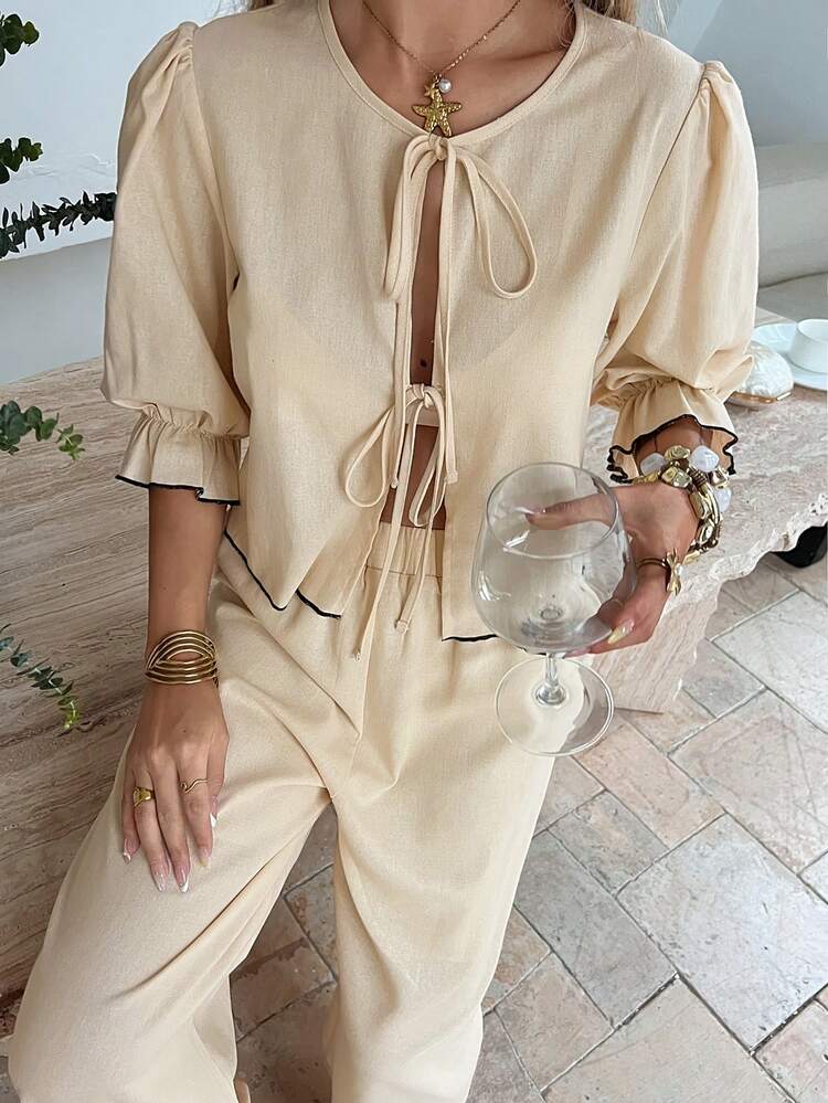 Loose Casual Beach Vacation Style Cropped Shirt And Straight Leg Pants 2 Pieces Set For Women