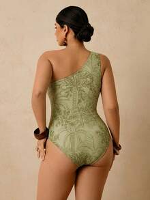 Travachic Plus Size Tropical Green Plant Print Asymmetric Neck Hollow Out Tie-Front One-Piece Swimsuit, Vacation Outfit Summer Beach - Green - View 2
