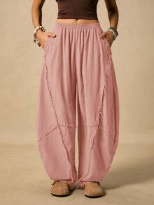Easelle Women's Solid Color Pocket Button Pleated Casual Versatile Daily Wear Pants - Dusty Pink - View 4