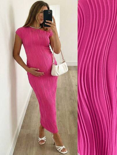 SHEIN Maternity Summer Casual Solid Color Textured Asymmetric Neck Fitted Dress Summer Outfits Womans Maternity Dresses Pregnancy Dresses For Party Baby Shower Dress For Women Pregnant