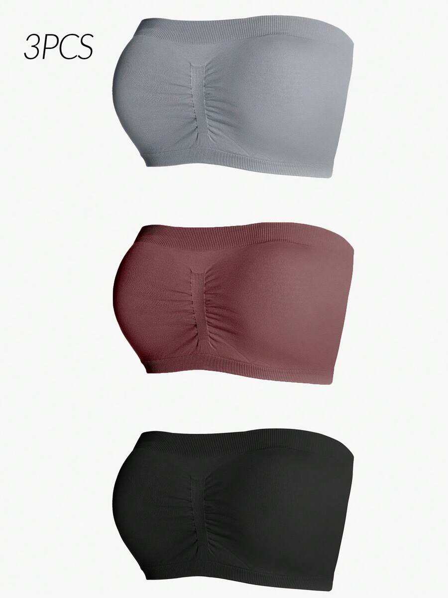 SHEIN Stickade rynkade tuböverdelar för kvinnor, avslappnade, bekväma, axelbandslösa BH:ar, 3-pack - Multifärgad - Visa 1