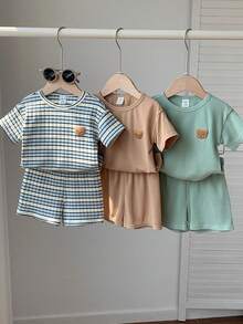 SHEIN 6件套男婴休闲夏季可爱卡通熊条纹短袖T恤和短裤睡衣，多色基础套装 - 彩色 - 查看 4