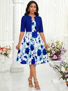 SHEIN Lady Bộ 2 món gồm áo ngắn tay màu trơn và váy in họa tiết dành cho nữ. - Xanh đậm - Xem 6