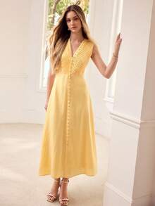 MOTF PREMIUM Đầm nữ không tay cổ chữ V, dài ngang gối, chất liệu 100% linen, thích hợp cho hẹn hò và nghỉ dưỡng. - Màu vàng - Xem 5