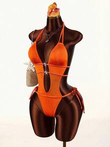 Amplova Bộ jumpsuit nữ kiểu Y2K hở lưng cổ yếm, khoét hông, gợi cảm và phá cách, thích hợp mặc đi nghỉ mát, thời trang và quyến rũ. - trái cam - Xem 3