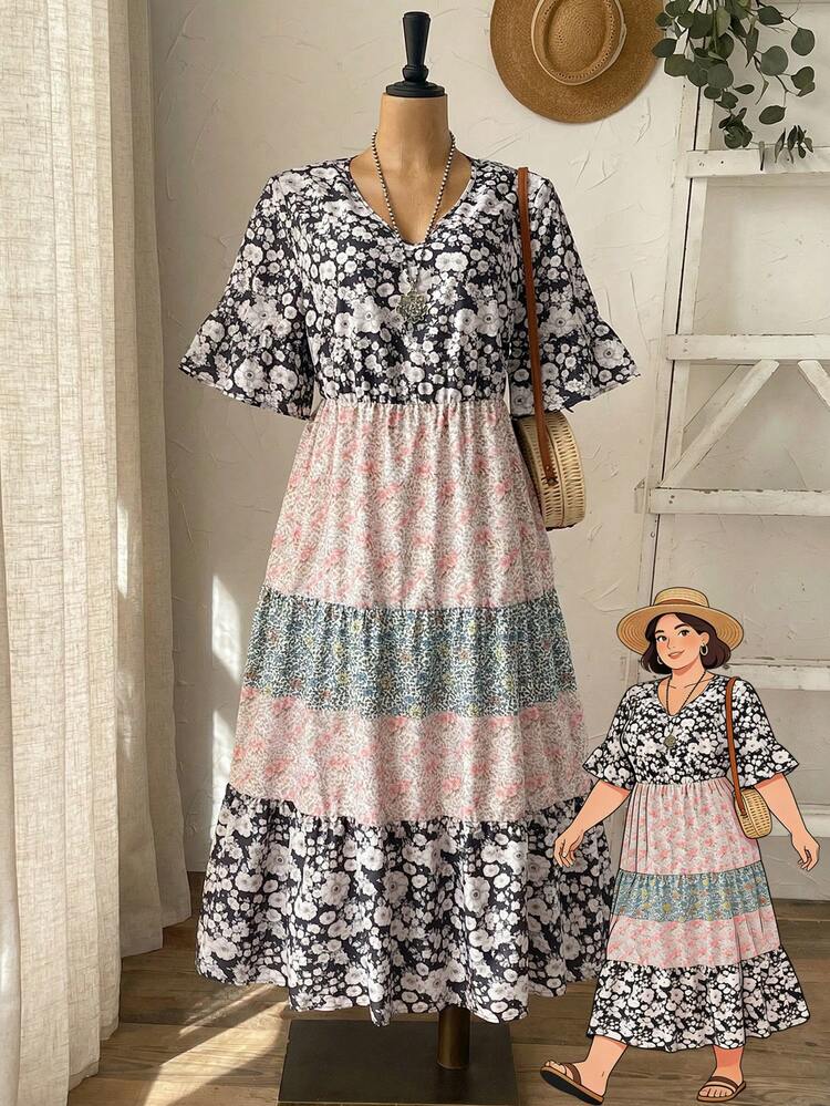 Plus Size Women's V-Neck Short Sleeve Ditsy Floral Vacation Dress,Summer Outfit For Women , Vacation Outfits Women,Country Style For Women,Floral Dress For Women Quilt Dress Fleurora Spring And Summer Elegant Dress Floral Print Sundress Tiered Floral Dress Summer Floral Maxi Dress Patchwork Dress Floral Print Dress New Arrival  New Arrival Women Dress Boho Dress Panel Dress