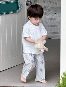 DAZY 男童圆领宽松条纹韩版家居服T恤 - 白色 - 查看 6