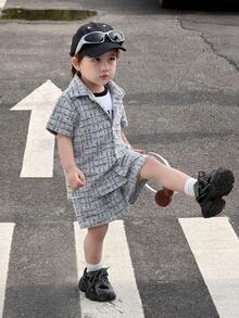 DAZY Bộ áo sơ mi tay ngắn cổ vải họa tiết cho bé trai - Đen và trắng - Xem 4