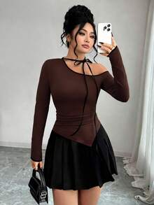 Elenzga Plus Size Women's Color Block Asymmetric Hem Long Sleeve T-Shirt With Bow Tie - Brown - View 5