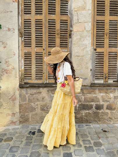 Vionelle Plus Size Vintage Blommig Rutig A-linjekjol