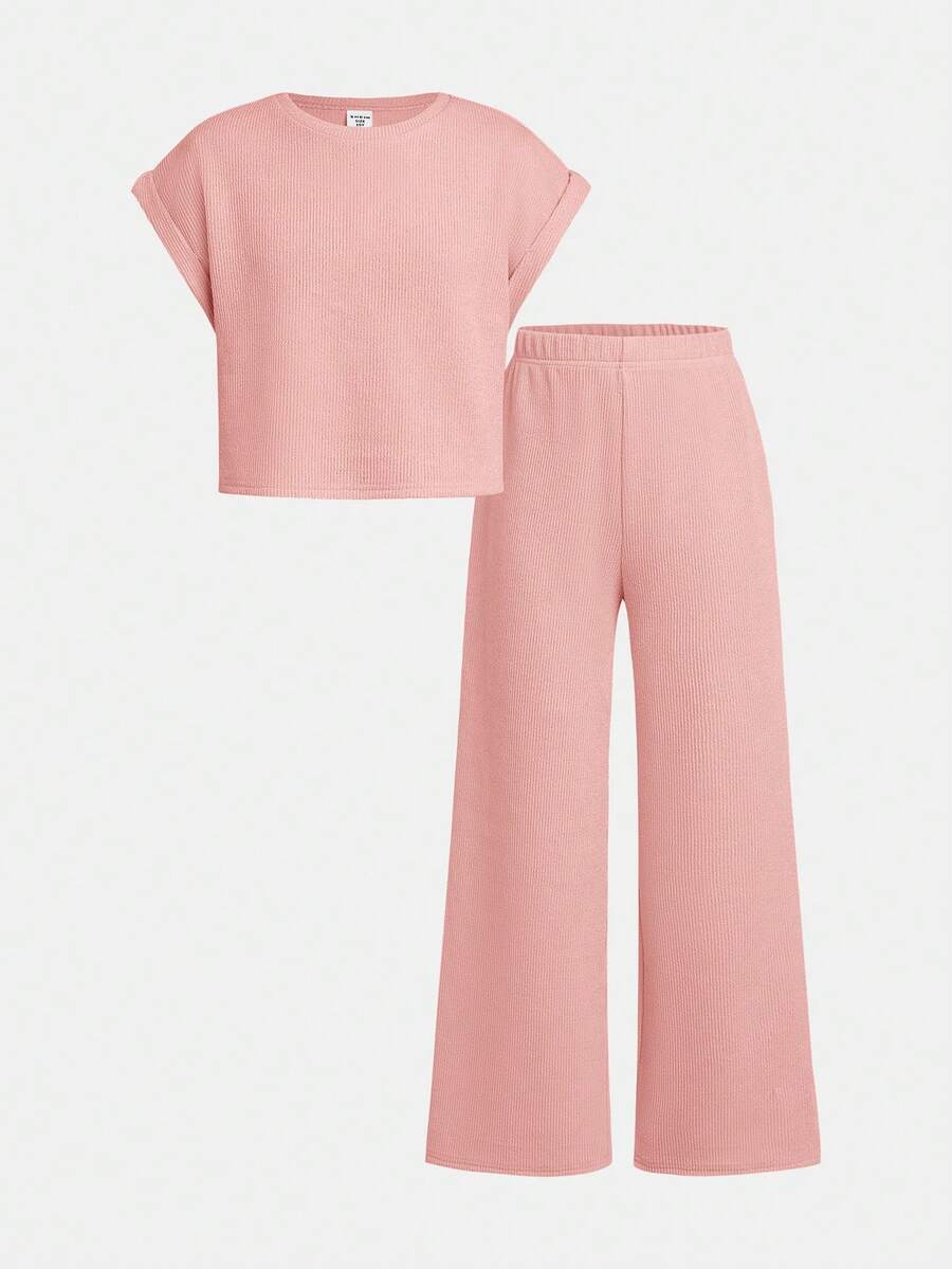 Tween Girls' Basic Casual Solid Color Knit Sleeveless Top And Pants Set, Spring/Summer - Pink - View 1